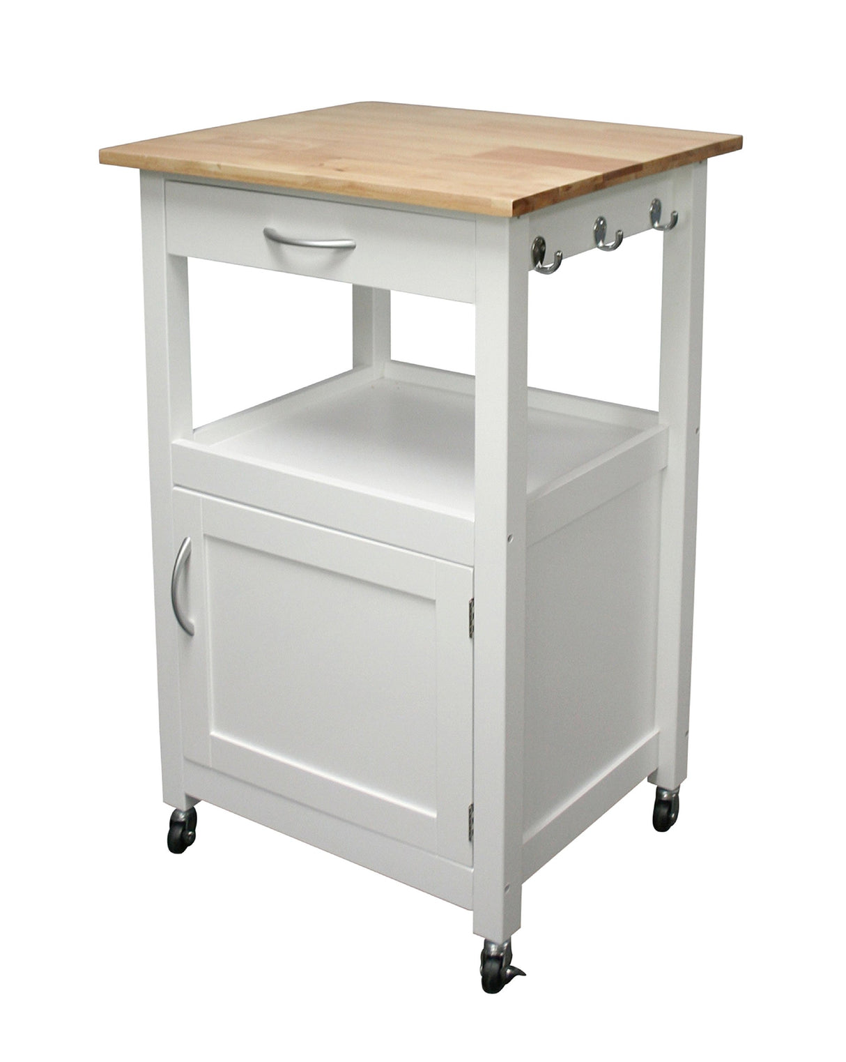 eHemco Kitchen Island Cart on Wheels with Drawer, Storage Cabinet, Shelf and Natural Solid Hardwood Top, White Base eHemco