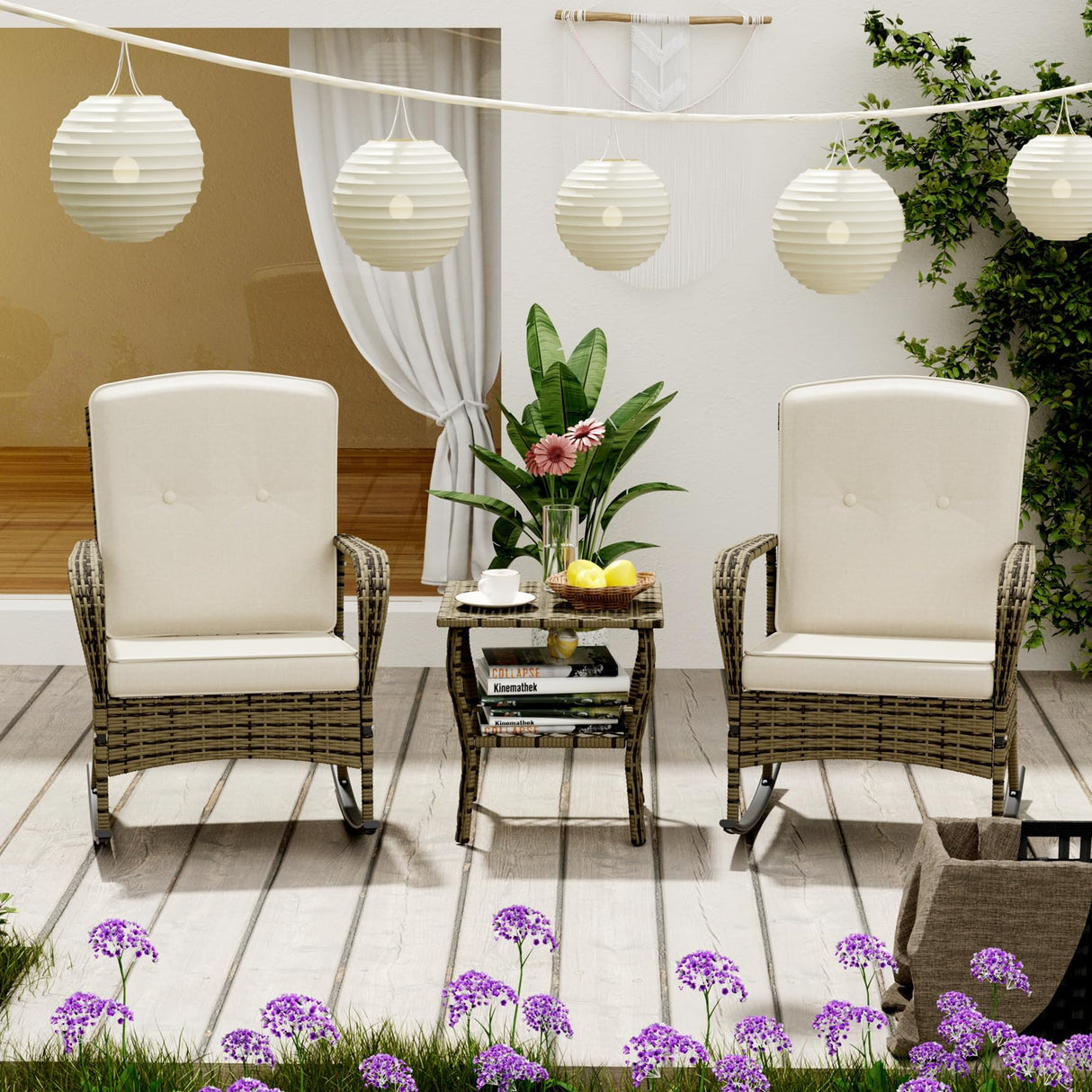 BALDPER 3 Pieces Patio Conversation Set, Outdoor Rocking Chairs, Wicker Bistro Set, Outdoor Furniture Set with Porch Chairs and Coffee Table for Deck Garden Poolside, Beige BALDPER