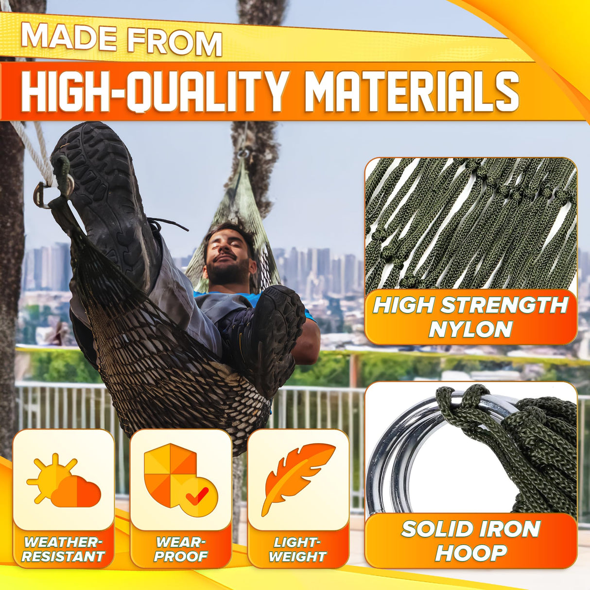 Mesh Hammock - Easy to Set Up Rope Hammocks for Outside, Dark Green Color, 90x31.5 Nylon Net Hammock, Max 100 KG (220 Pounds), Tree Hammocks for Outside, Camping & Patio Relaxation VIKROM