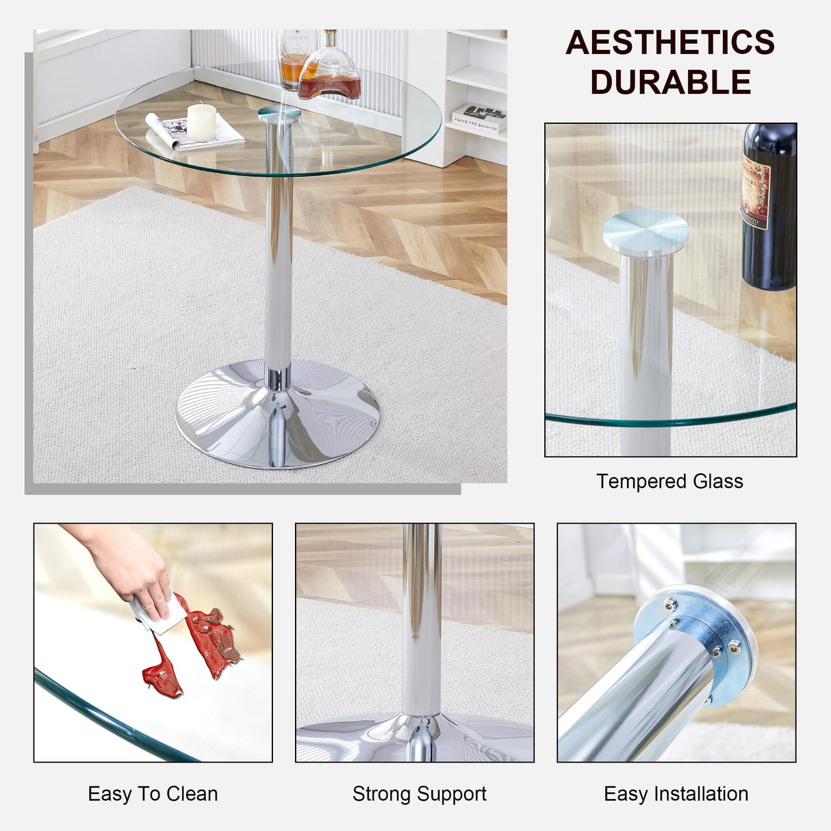 LUFTUT Round Glass Bar Height Table,35" Round Counter Height Table with Tempered Glass Tabletop,Sturdy Silver Chrome Pole Support,Clear Round Pub Tables for Small Space,Kitchen,Bistro(36" H LUFTUT