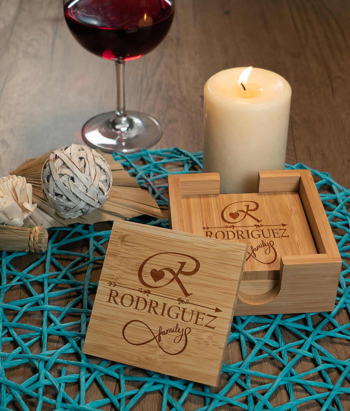 Tayfus Personalized Bamboo Coasters, Set of 4 Square Custom Coaster with Holder, Customized Gift Ideas For Christmas, Anniversary, Housewarming, Birthday, Engagement, Wedding Tayfus