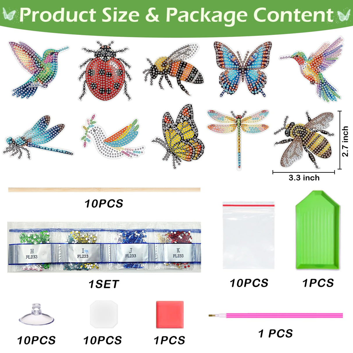 10Pcs Diamond Painting Kit Diamond Art Kits for Adults for Garden Decor with Butterfly, Hummingbird, Bee, Ladybug, Dragonfly,Dimond Art Paintings Arts and Crafts for Adults Gem Art for Yard Decoration NANZHOO