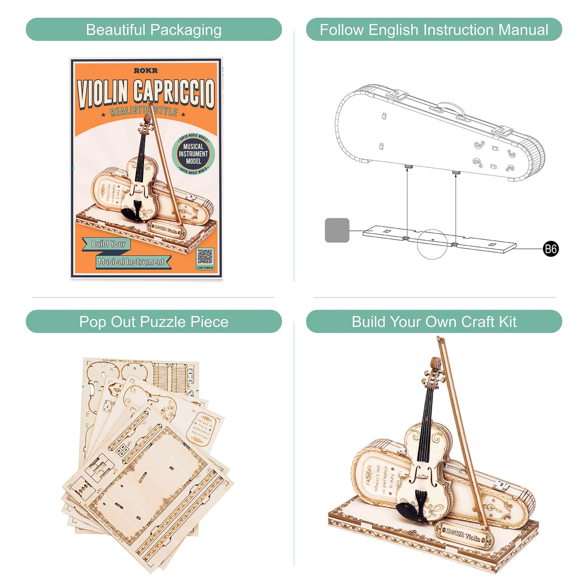 ROKR Wooden 3D Puzzles for Adults Violin, Musical Instrument Model Kit 3D Puzzles for Teens and Kids to Build, Desk Decor/DIY Hobbies/Gifts for Family and Friends (Violin) ROKR