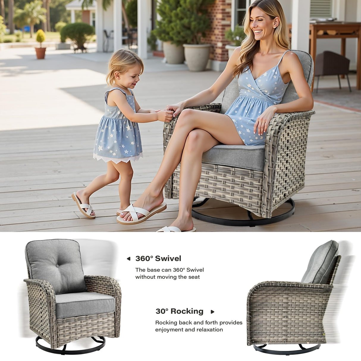 11 Pieces Outdoor Sectional Patio Furniture Set with 54" Fire Pit,Wicker Conversation Sets Rattan L Shaped Couch Swivel Rocking Chairs,Modular Outdoor Sofa for Porch Balcony Backyard Dark Grey ORMONO