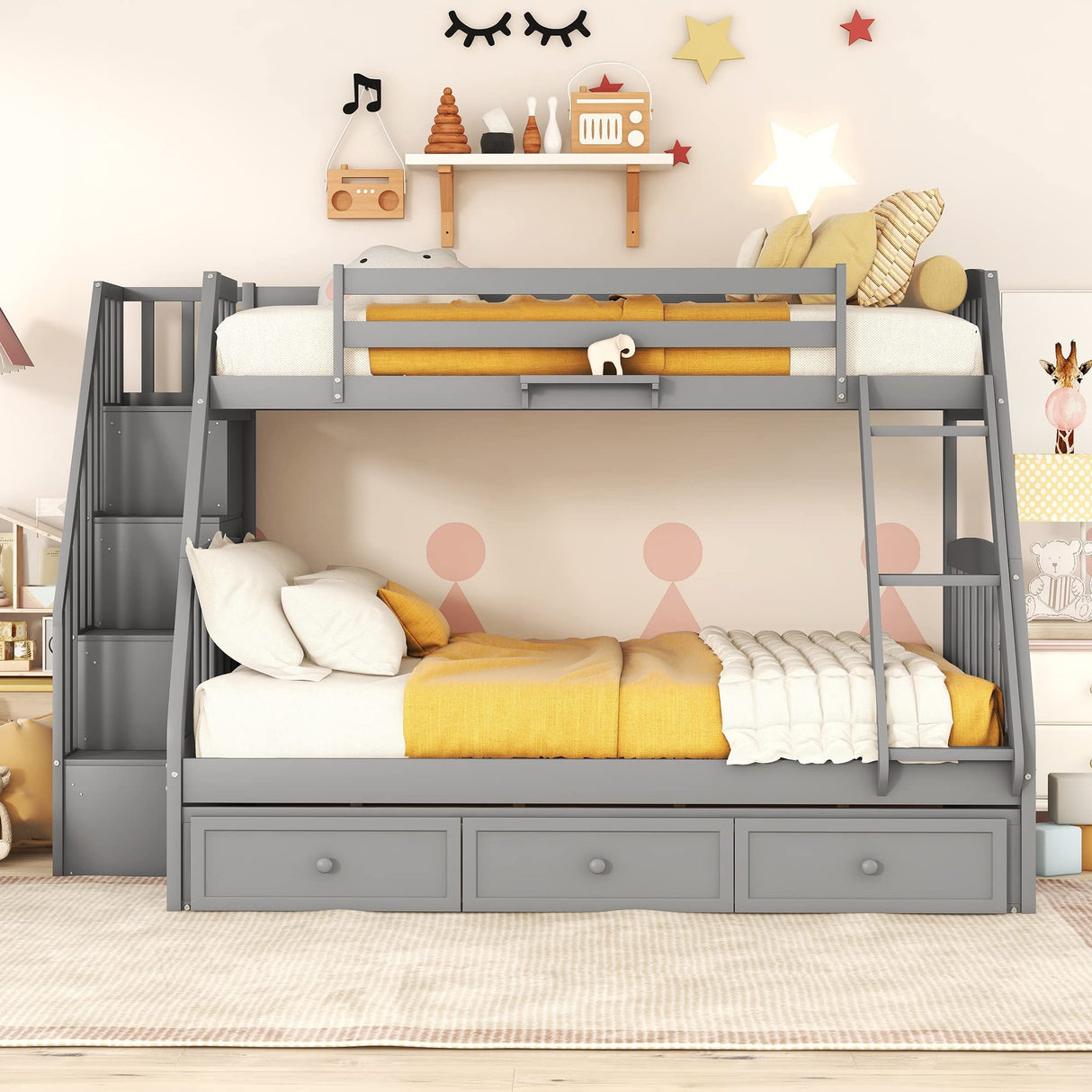 MeraxTwin Over Full Bunk Bed with Drawers,Ladder and Storage Staircase, Gray Wood Bed Frame, No Box Spring Need Merax