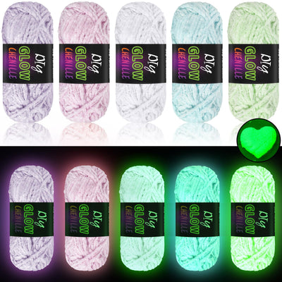 Fanfanwin 5 Rolls Glow in The Dark Chenille Yarn Luminous Crochet Yarn Glow Sewing Craft for DIY Arts Crafts Halloween Knitting Sewing Crocheting Supplies, 76.5 Yard Per Roll