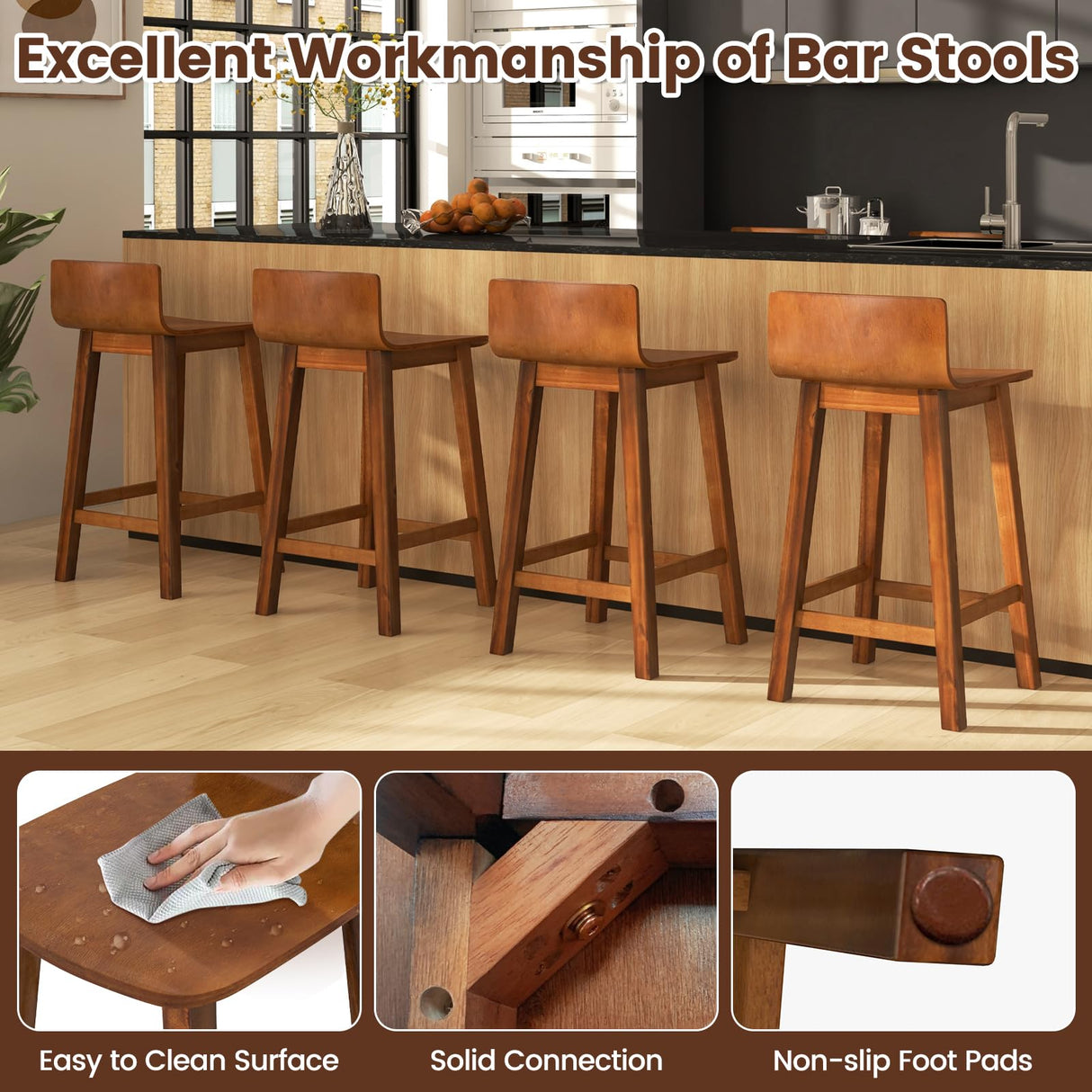 COSTWAY Solid Wood Bar Stools Set of 4, 24.5-inch Counter Height Chairs with Low Backrest and Footrest, Wooden Pub Barstools, Armless Kitchen Island Breakfast Stools for Dining Room, Cafe, Brown COSTWAY