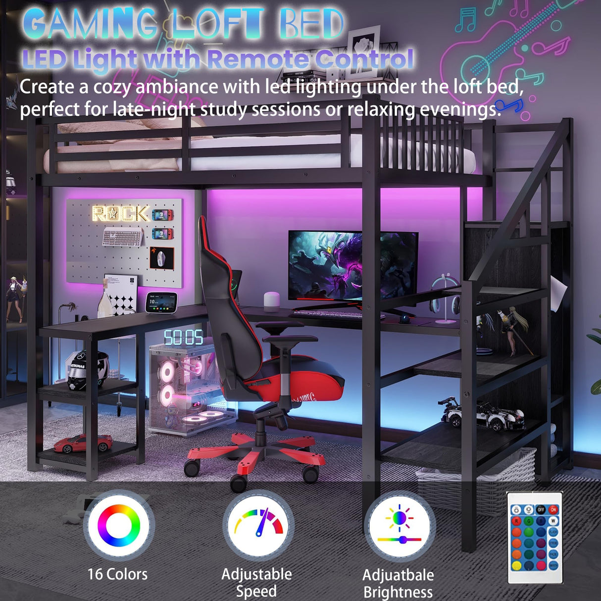 Full Size Loft Bed with Desk,Metal Heavy Duty Full LoftBed with Stairs,Wardrobe and Shelves, High Gaming Loft Beds with LED Light and USB Charging Station for Kids, Teens, Adults, Black Mirightone