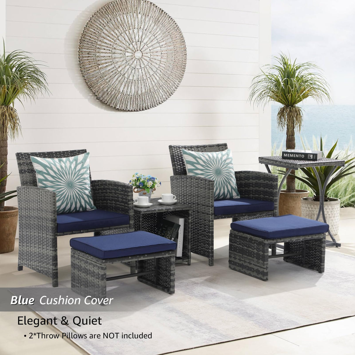OC Orange-Casual 6 Piece Patio Furniture Conversation Set with Ottoman, Outdoor Grey Wicker Chair and Table Set, Balcony Furniture for Apartments, Navy Blue OC Orange-Casual