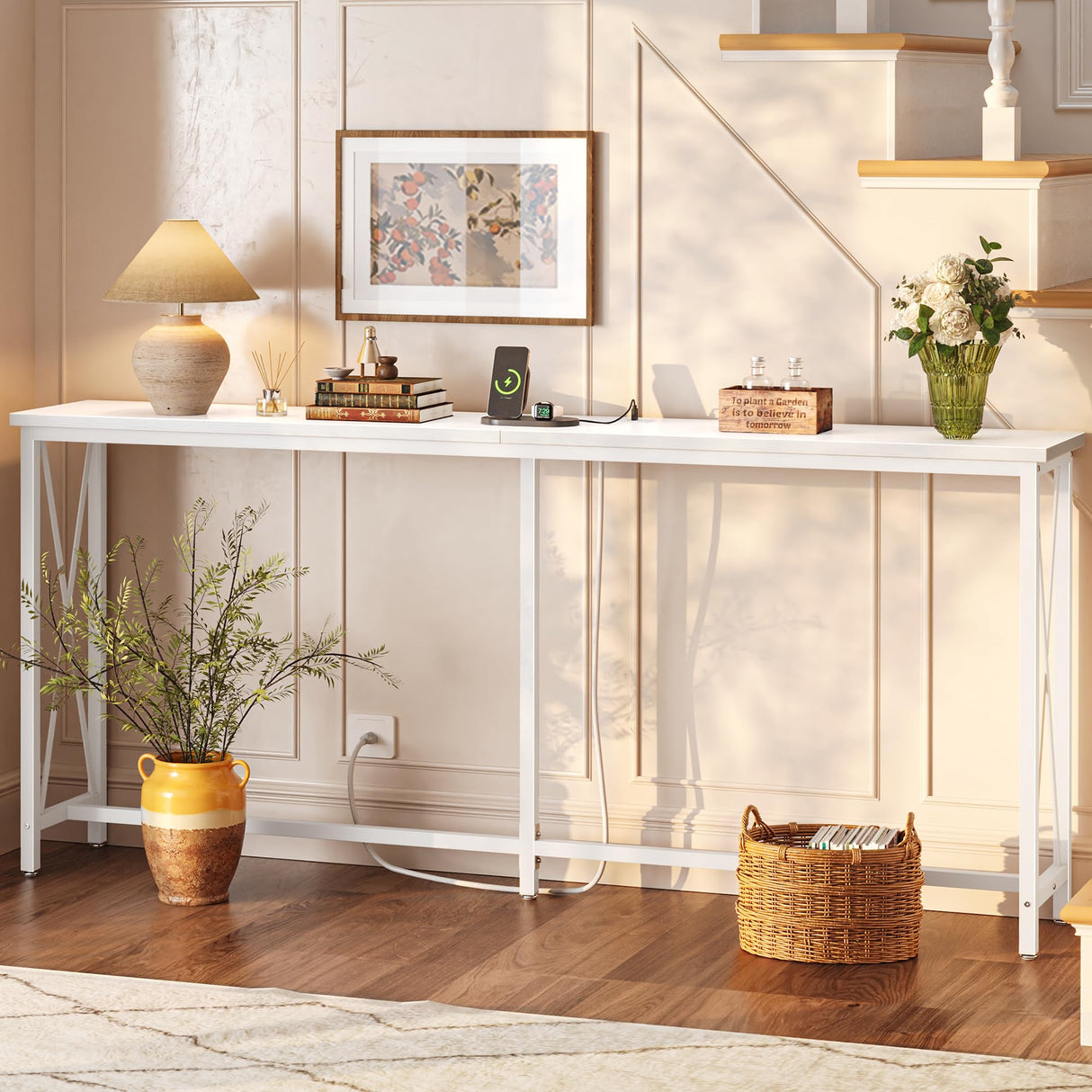 SUPERJARE 70 Inch Console Table with 2 Outlets, 1 Type-C and 1 USB Port, Extra Long Entryway Table with Metal Frame and X-Shaped Bars, Narrow Sofa Table for Living Room, Hallway, White SUPERJARE