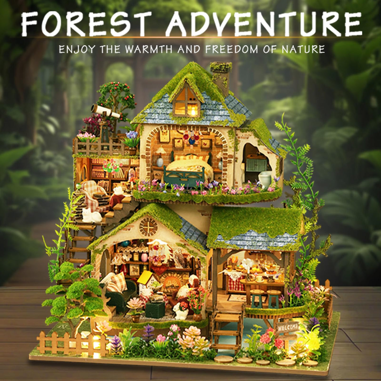 YSWOOD WORLD DIY Miniature House Kit, Mini House Building Kit with LED, DIY Miniature Kit for Adults Teen, Dollhouse Kit, Forest Adventure YSWOOD WORLD