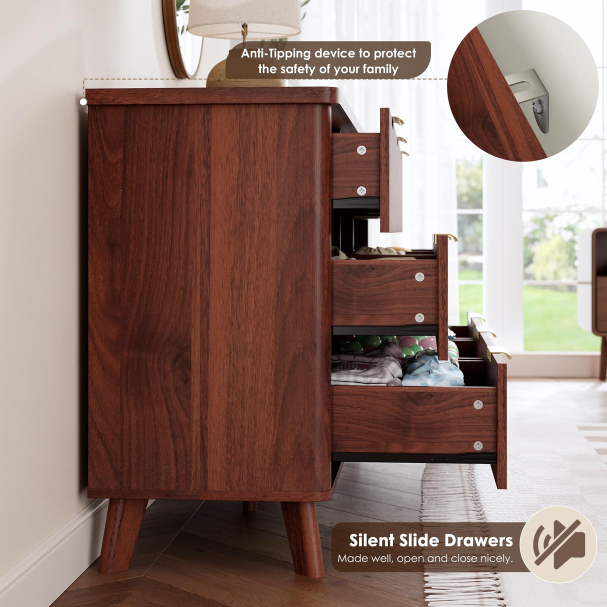 GarveeHome Fluted Dresser for Bedroom with 9 Deep Drawers, 60.6 in Wide Modern Chest of Drawers, Wooden Dresser TV Stand, Curved Profile Design, for Living Room, Kids Room, Hallway, Walnut GarveeHome