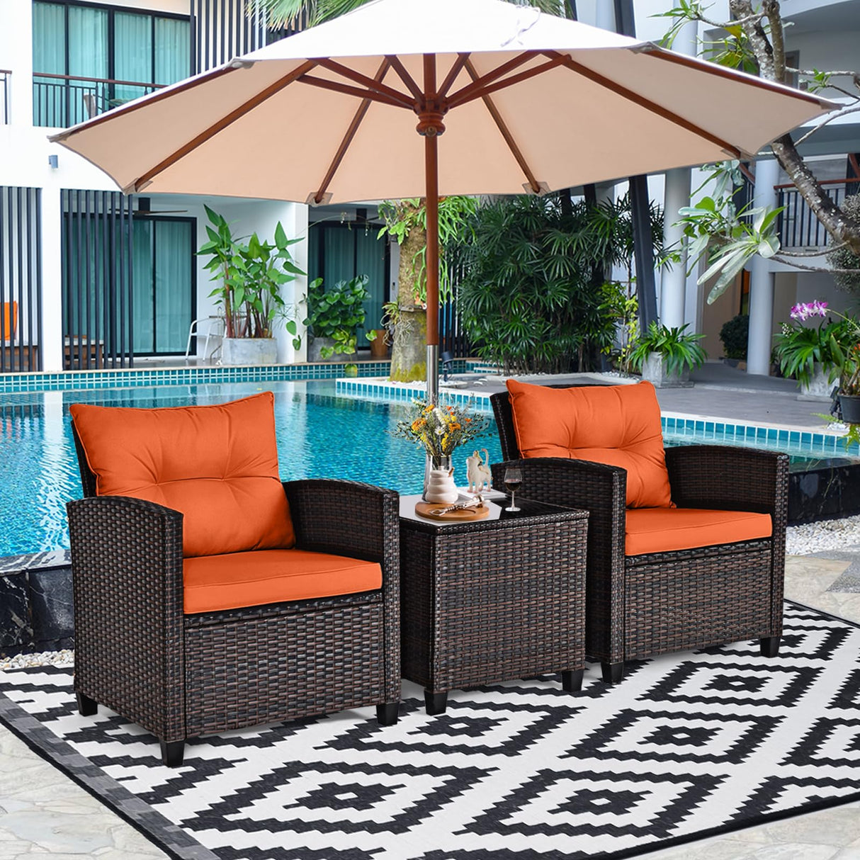 KOTEK 3 Piece Patio Furniture Set, Outdoor Conversation Set with Washable Cushions & Tempered Glass Tabletop, PE Rattan Wicker Bistro Set for Porch, Garden, Balcony (Orange) KOTEK