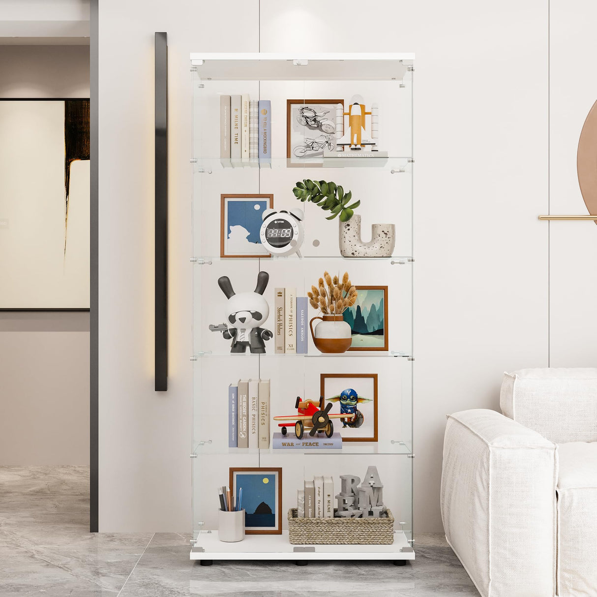 CISURCPI Glass Display Cabinet with 5 Shelves Double Door, Curio Cabinets for Living Room, Bedroom, Office, White Floor Standing Glass Bookshelf, Quick Installation,73.82”(H) x 31.69”(L) x 14.37”(W) CISURCPI