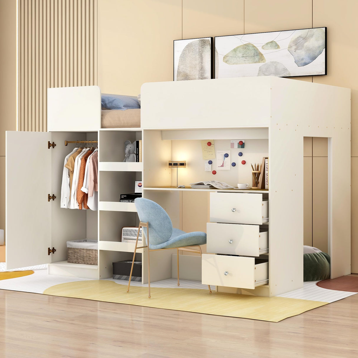 Wood Full Size Loft Bed with Built-in Wardrobe, Desk, Storage Shelves and Drawers,for Kids Teens Adults Bedroom Brabrety