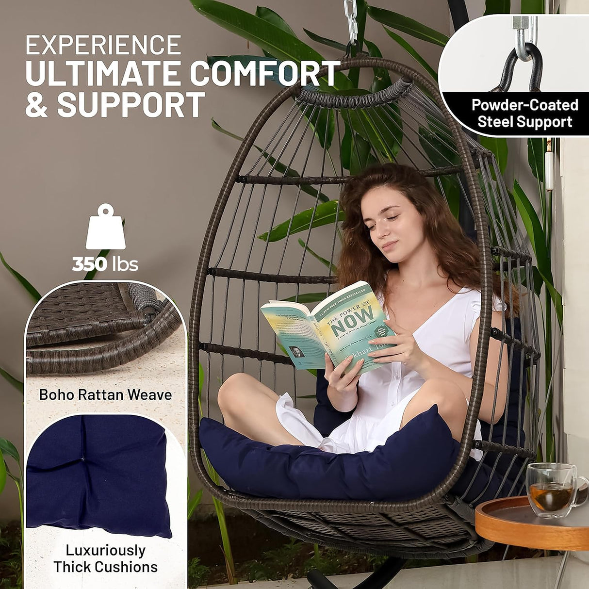 SereneLife Foldable Hanging Egg Swing – Deep Blue Rattan Wicker Chair with Stand, Waterproof Seat Cushion & Headrest, 350 lbs. Capacity – Indoor Outdoor Hammock Chair for Patio, Porch & Garden SereneLife