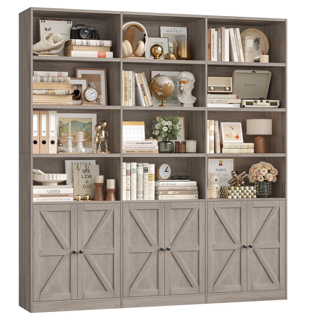 FACBOTALL 75" Triple Wide Bookshelf, Bookshelf and Bookcase with 6 Farmhouse Doors, 71" Wide 6 Tier Book Shelf with 18 Storage Shelves, Large Wooden Bookshelves, Tall Bookcase for Home Office, Gray FACBOTALL