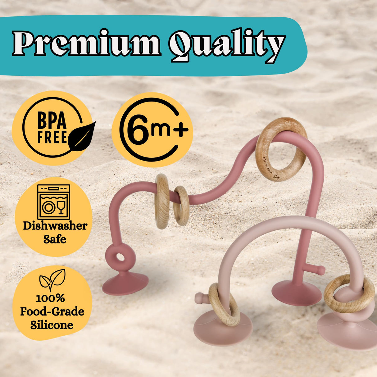 Eco Mama Shop: Silicone and Wood Table Top Toy and Teether, Montessori Educational Toys for Infant Toddlers, High Chair Toys with Suction Cups, Silicone Teething Toys (Dark Pink and Dusty Rose) Eco Mama Shop