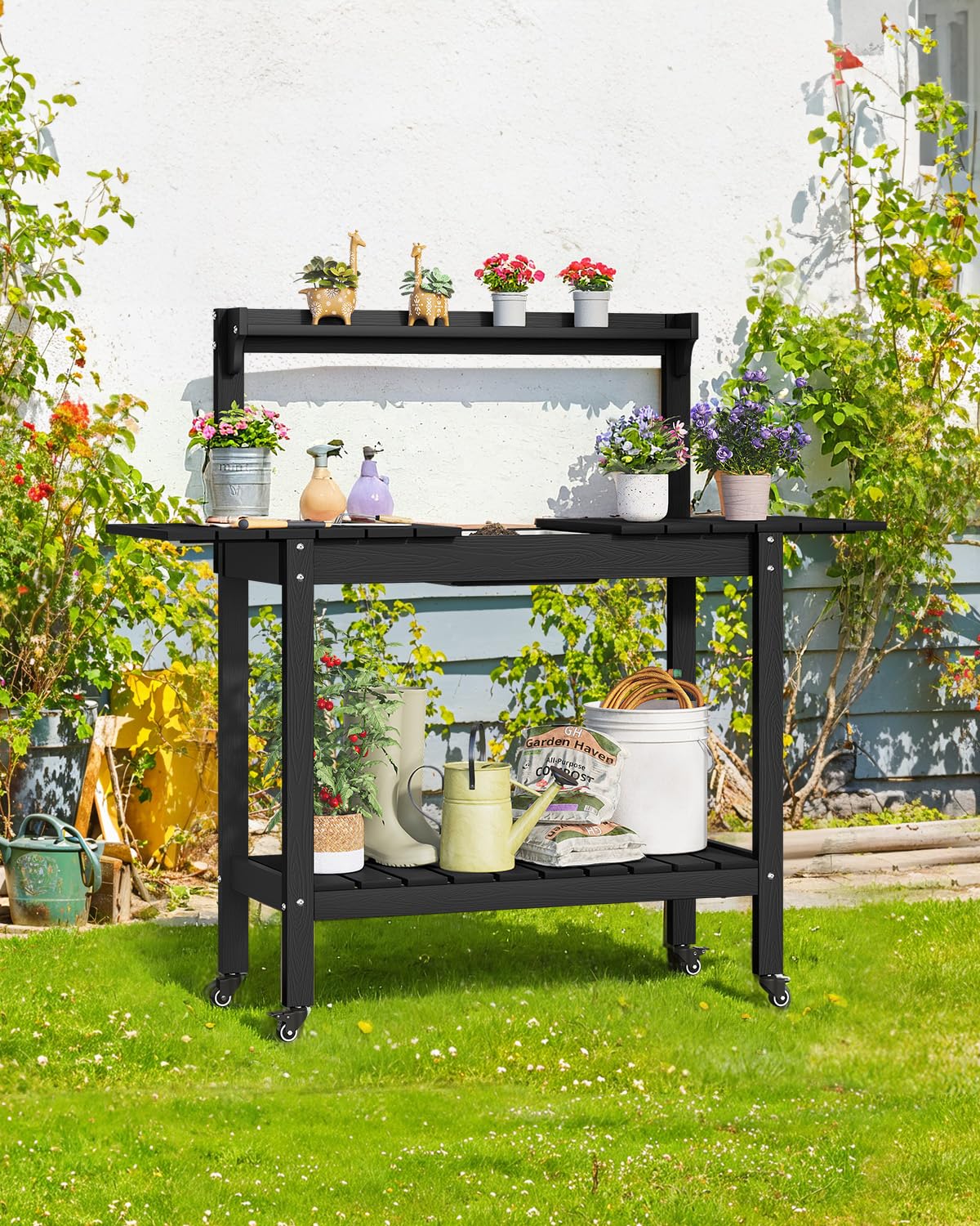 ONBRILL HDPS Outdoor Potting Bench with Sliding Tabletop/ 4 Wheels/Removable Sink, All-Weather Outside Garden Work Table, No Rust/Fade/Break, Potting Station for Porch, Patio & Backyard (Black) ONBRILL