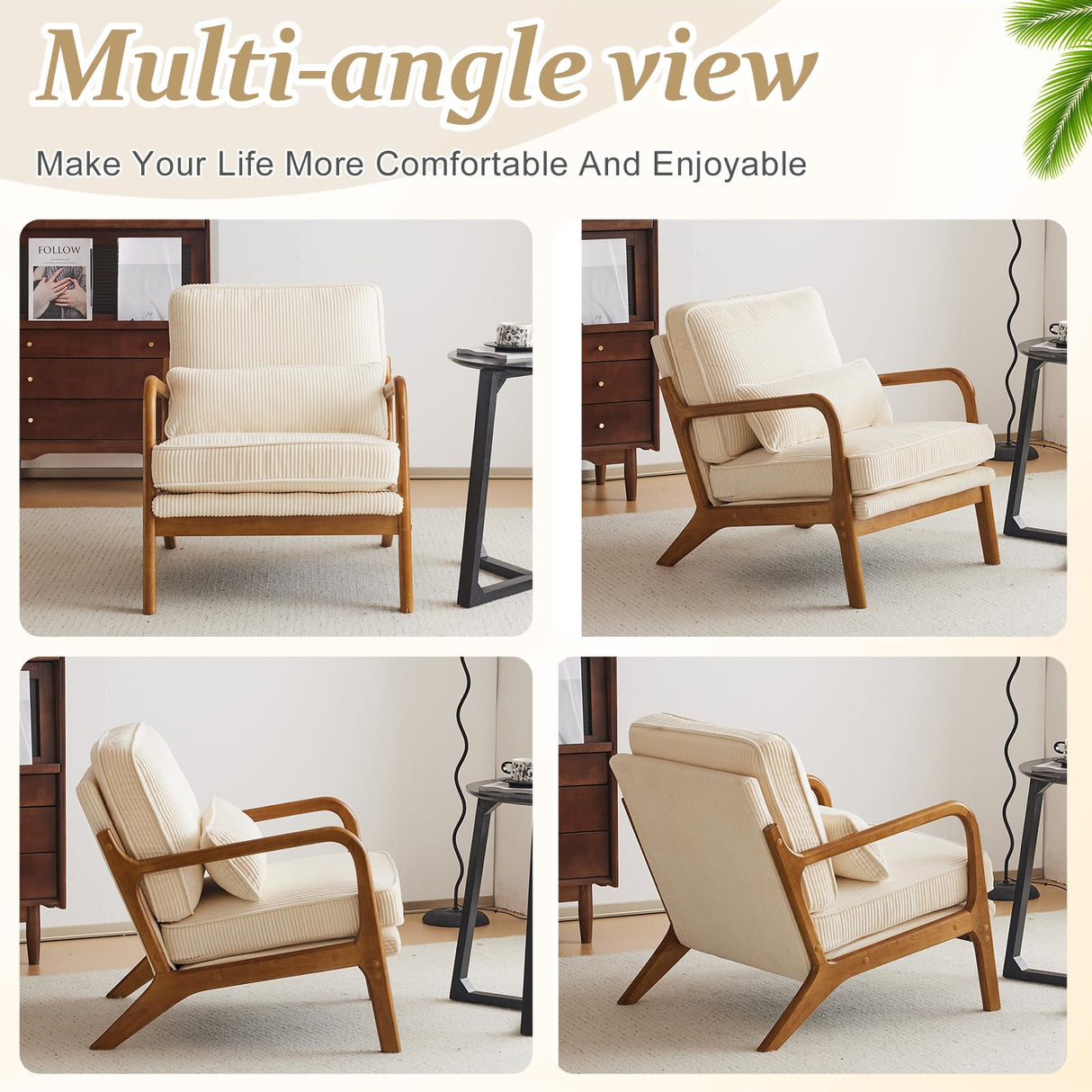 VINGLI Upgraded Premium Corduroy Accent Chair,Upholstered Arm Chair,Solid Wood Comfy Reading Chair with Lumbar Pillow, Mid Century Modern Chairs for Living Room,Bedroom,Guest Room,Beige VINGLI