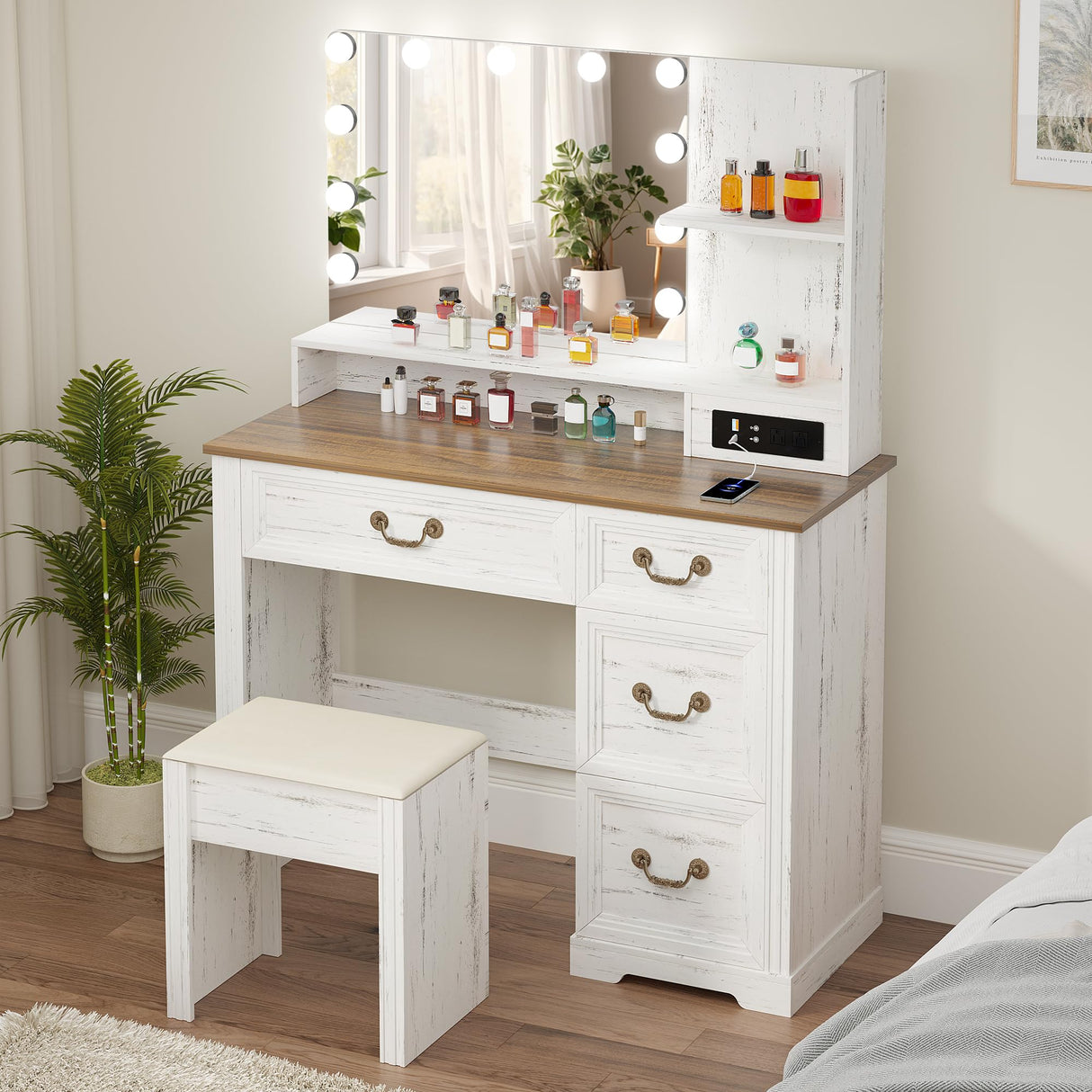Lareth Farmhouse Vanity Desk with Lighted Mirror & Power Outlet, 39 inch Rustic Makeup Vanity Table with Drawers and Stool, Hollywood Mirror with 3-Color Lights, White Dressing Table for Women Girls Lareth