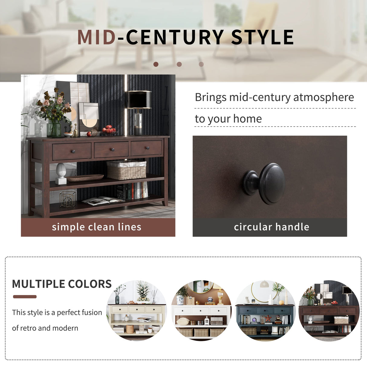 Knocbel Long Console Table with 3 Storage Drawers and Double Bottom Open Shelves, Wooden Sofa Tables for Entryway Hallway Foyer, 50" W x 16" D x 30" H,Espresso Knocbel