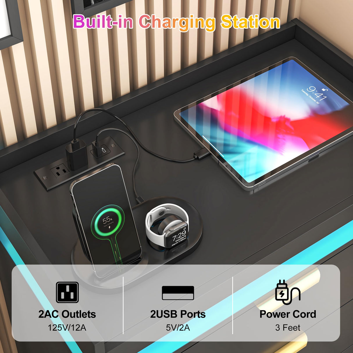 knoworld Black Dresser with LED Lights, Wooden LED Dresser, 4 Drawer Chest with Charging Station, Tall Chest of Drawer Closet Organizer for Bedroom, Living Room, Entryway, Hallway knoworld