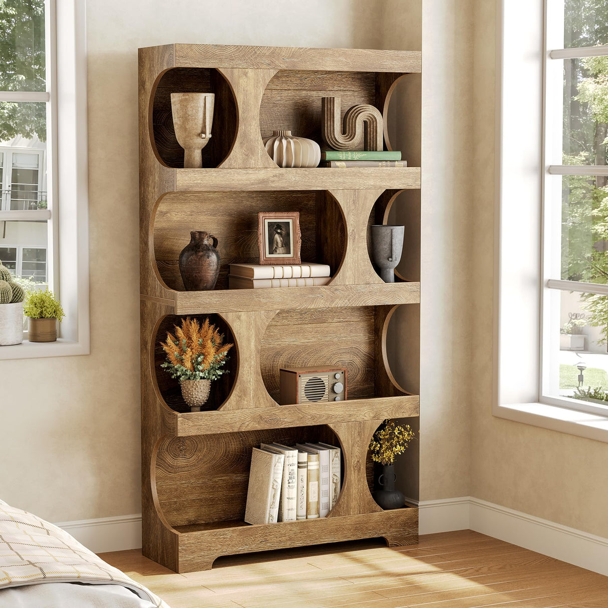 LITTLE TREE 4-Tier Large Bookshelf, 70.8-Inch Tall Bookcase with Storage Shelves, All Wooden Modern Display Rack, Big Open Book Shelf for Living Room, Bedroom, Office, Oak LITTLE TREE