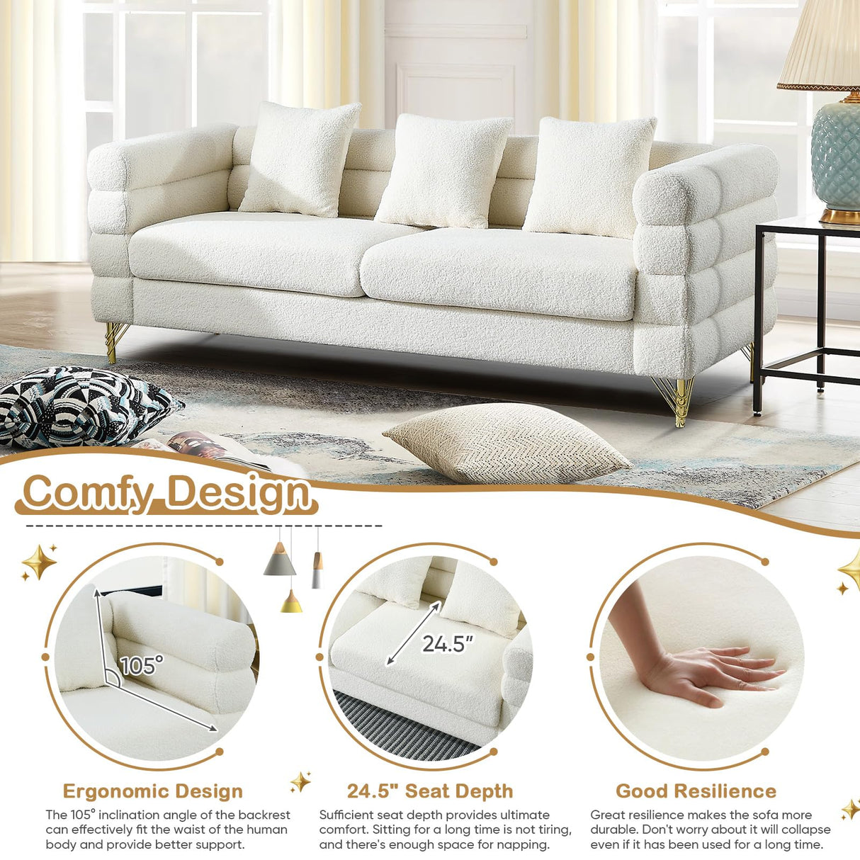 Comfy 3 Seater Sofa, 81-inch Oversized Boucle Couch with Deep Seat Design, Upholstered Sofa Couch with 2 Pillows, Modern Living Room Sofa with Stylish Metal Legs for Office, Waiting Room, White Teddy KINFFICT