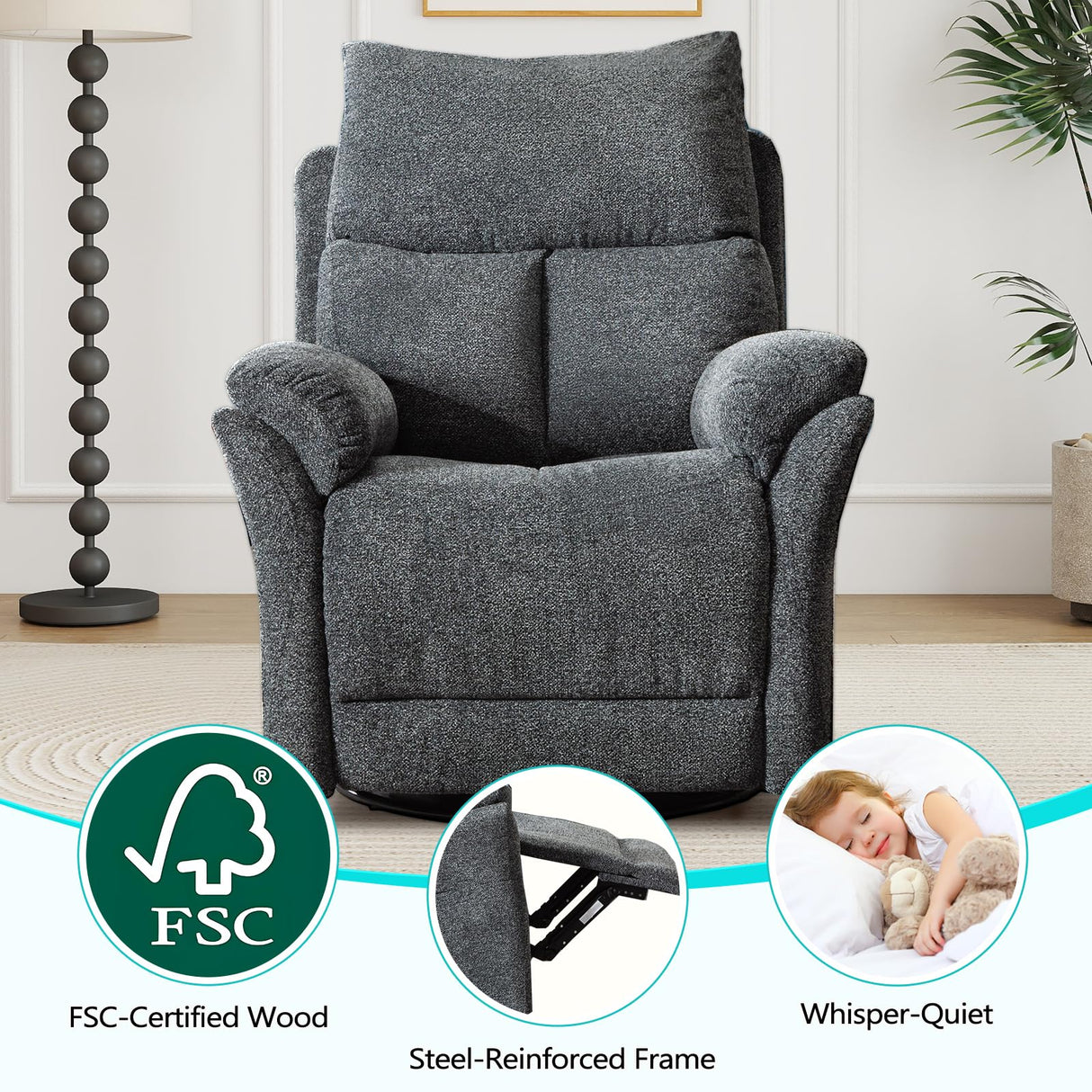 ANJ Swivel Rocker Recliner Chair Nursery, Manual Fabric Small Rocking Recliner, Modern Rocking Reclining Chairs for Living Room, Bedroom, Small Space (Gray) ANJ