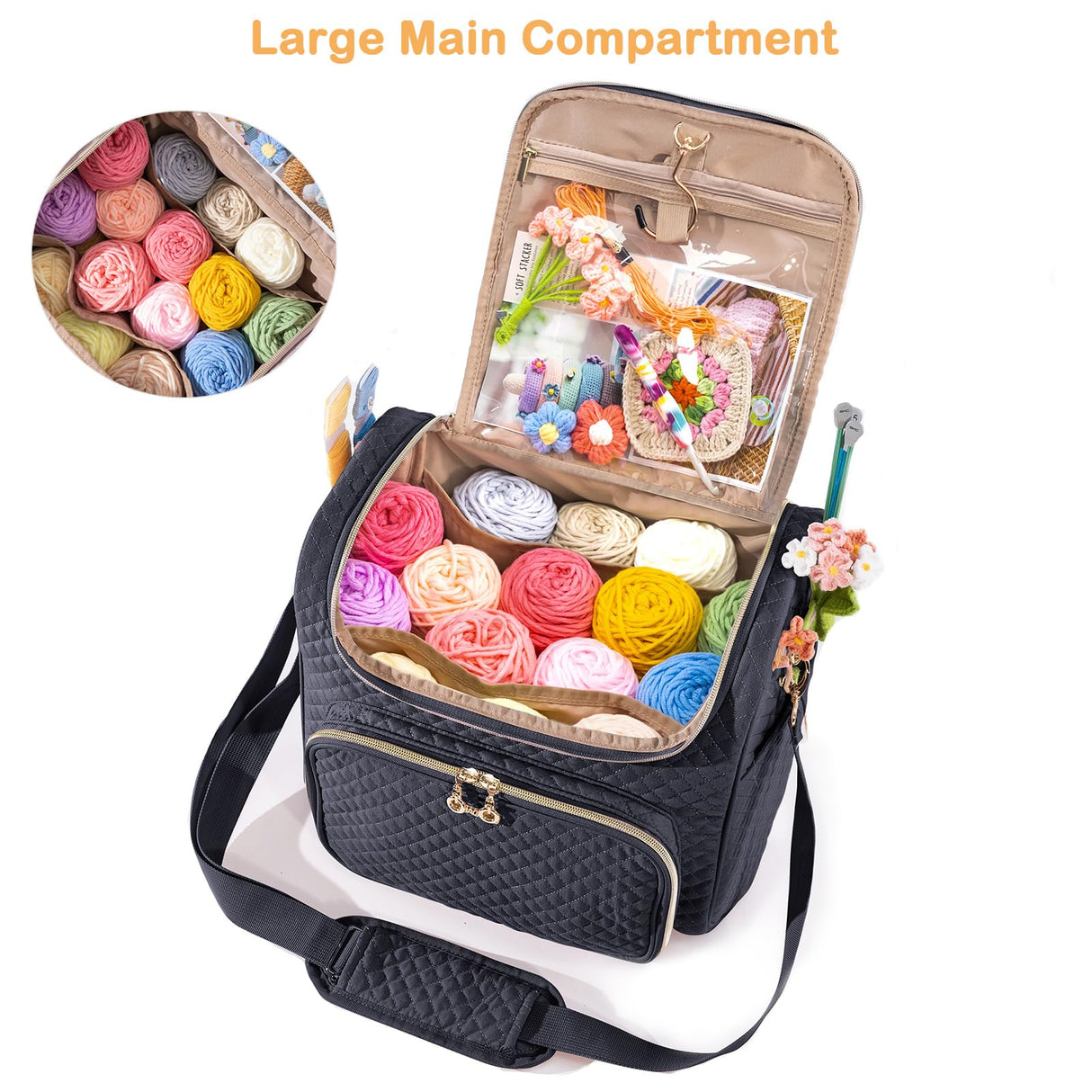 MYBAGZING Crochet Bag Organizer - Quilted Storage Bag with Hanging Hook, Knitting & Yarn Tote for Crochet Accessories, Mother's Day Gift MYBAGZING