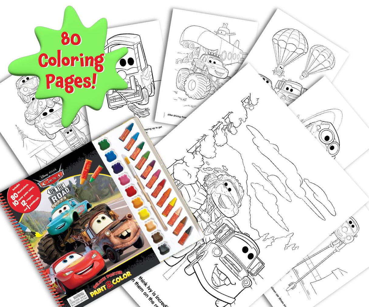 Disney/Pixar Cars on the Road Deluxe Poster Paint & Color - Coloring Book for kids, 80 illustrations, 10 watercolor paints, 12 crayons, 1 paint brush (Deluxe Poster and Paint) Phidal