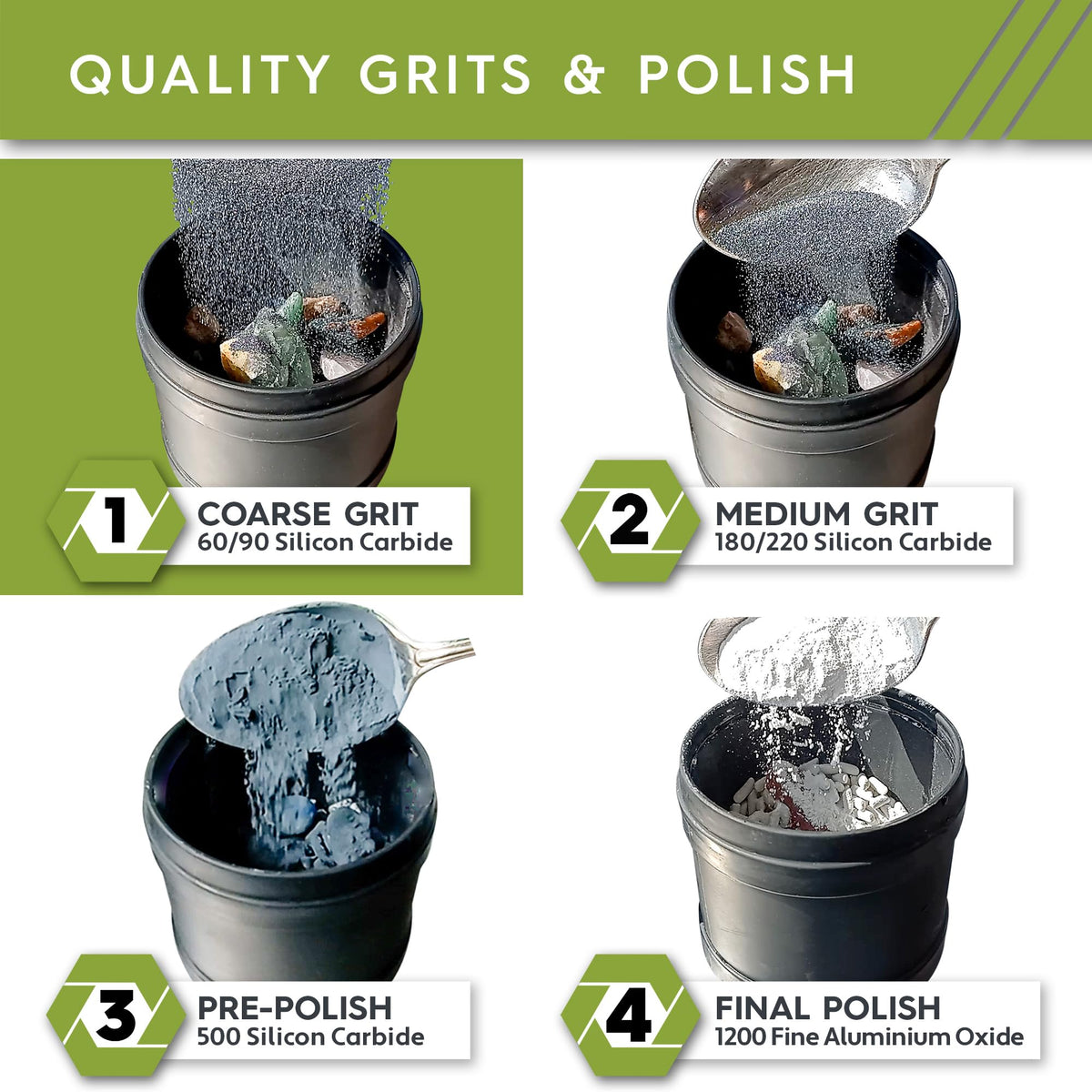 Polly Plastics Rock Tumbler Grit and Polish Refill Media Kit | 4-Steps Supplies for Tumbling and Polishing Stones | Professionals Adults and Kids | Polish 20lbs of Rocks (Bulk Stage 1 Refill) Polly Plastics