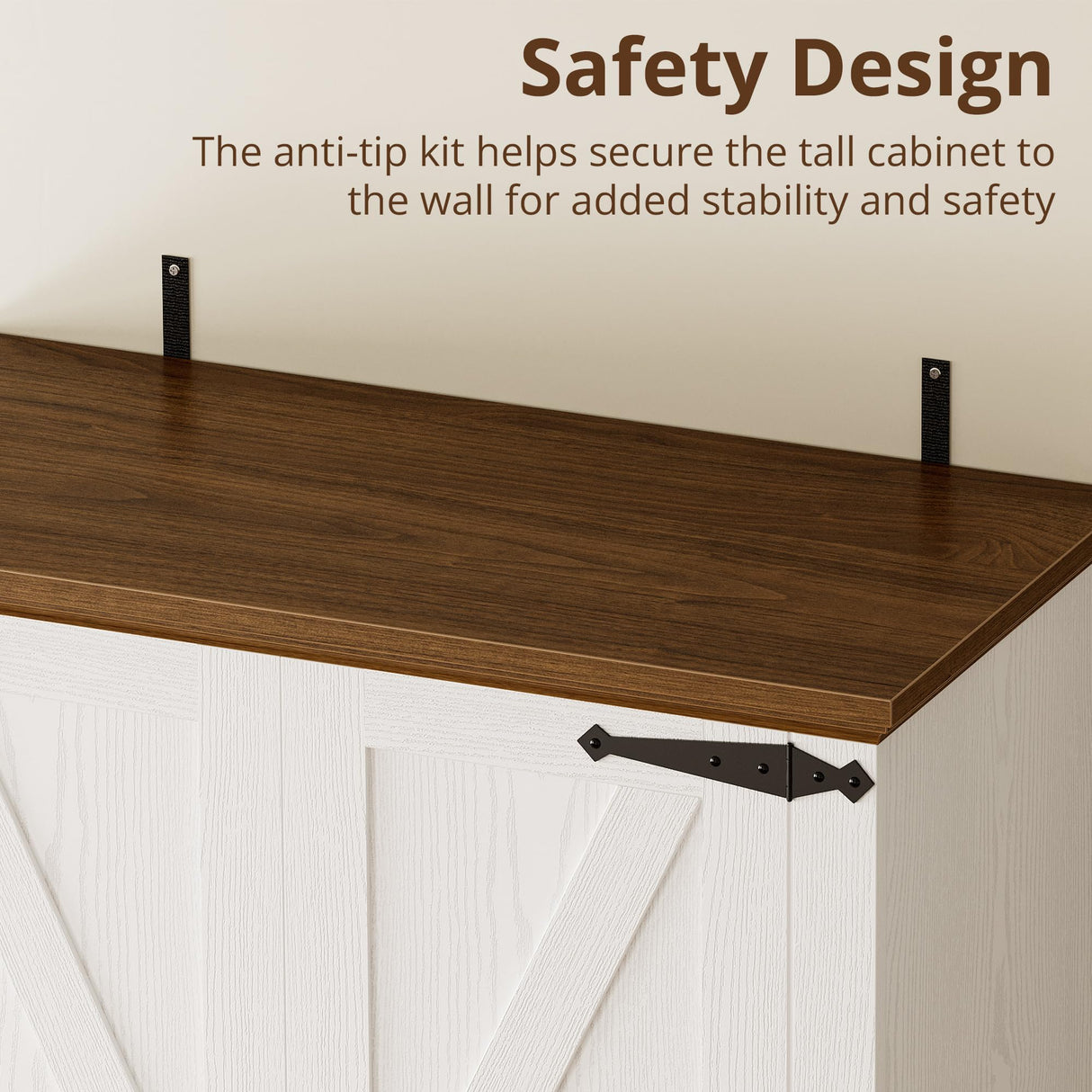 IRONCK Farmhouse Kitchen Pantry Cabinet, Tall Storage Cabinet with 6 Hanging Shelves and Adjustable Shelves, Freestanding Cupboard with Barn Doors for Kitchen, Dining Room, White/Walnut IRONCK