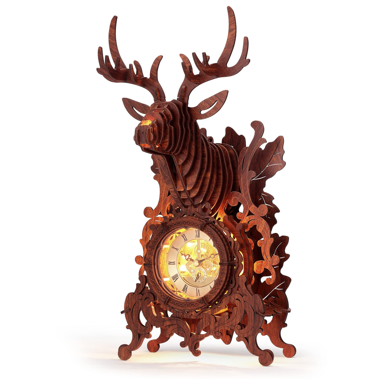 FUNPOLA LED 3D Wood Puzzle Deer Clock, 3D Wooden Puzzle Elk Clock Building Model, Home Décor 3D Wooden Puzzle for Adults/Teens (Wood, Yellow Light) FUNPOLA