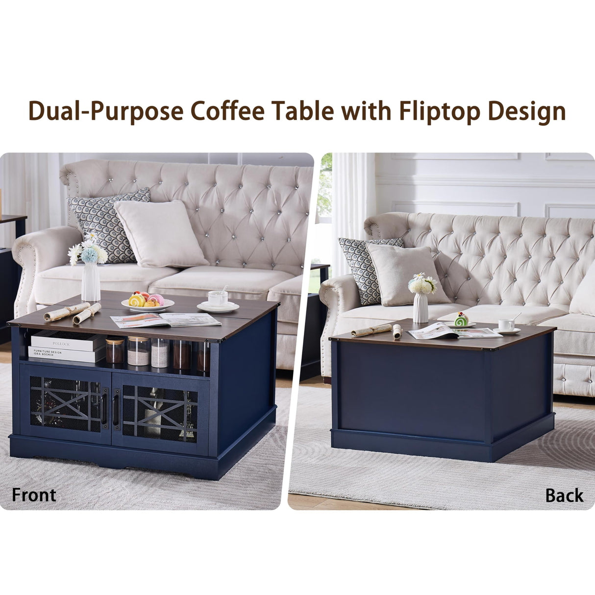 Square Coffee Table Farmhouse Coffee Tables for Living Room, Coffee Table with Storage, Blue Coffee Table with Hidden Compartment, Rustic Center Table with Lift-up Top LIDYUK