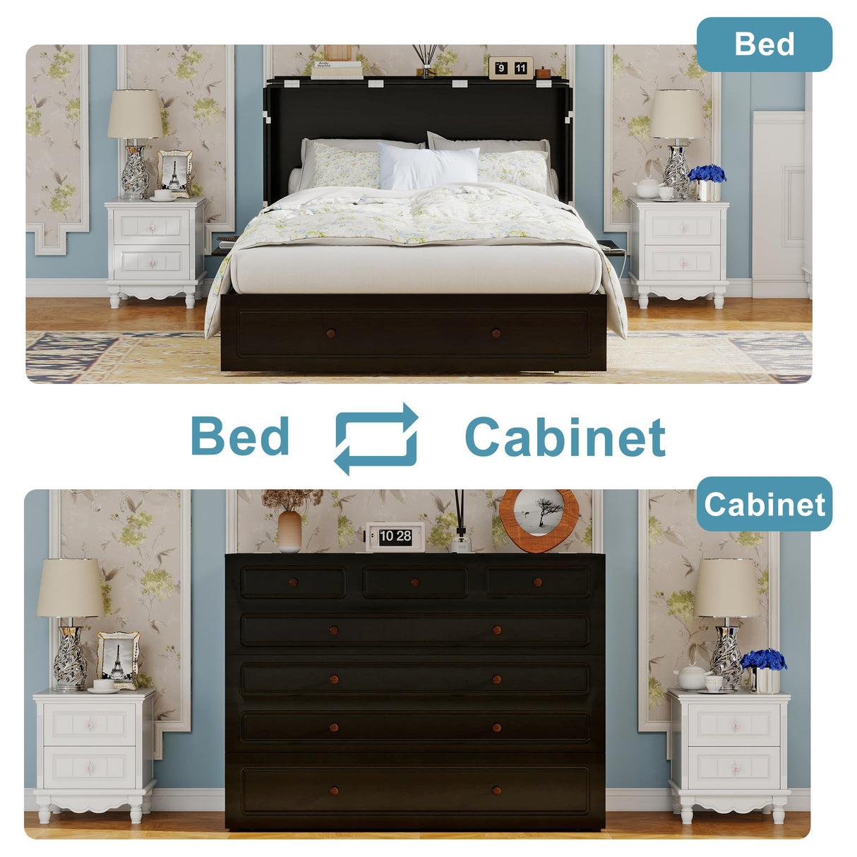 ClassyCabin Murphy Bed Queen Cabinet Without Mattress: Retro Black Wood Handle Murphy Bed Cabinet with USB Port & Small Shelves, Space Saving Wall Chest Bed with 2 Large Drawer for Home ClassyCabin