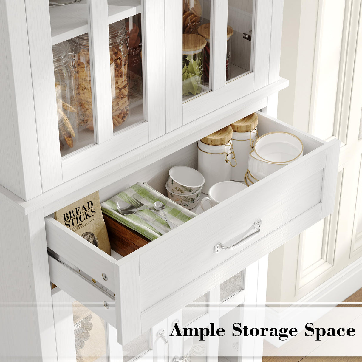 FOTOSOK 71'' Kitchen Pantry Cabinet, Tall Kitchen Cabinet Pantry Cabinet with Glass Doors and Drawer, Freestanding Food Pantry Kitchen Hunch with FOTOSOK