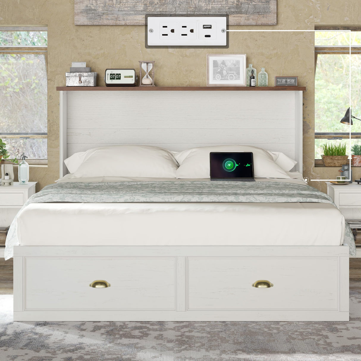 AMERLIFE Queen Size Murphy Bed, Farmhouse Cabinet Bed Frame with Charging Station and Storage Drawer for Bedroom/Office/Guest Room, White+Barnwood AMERLIFE