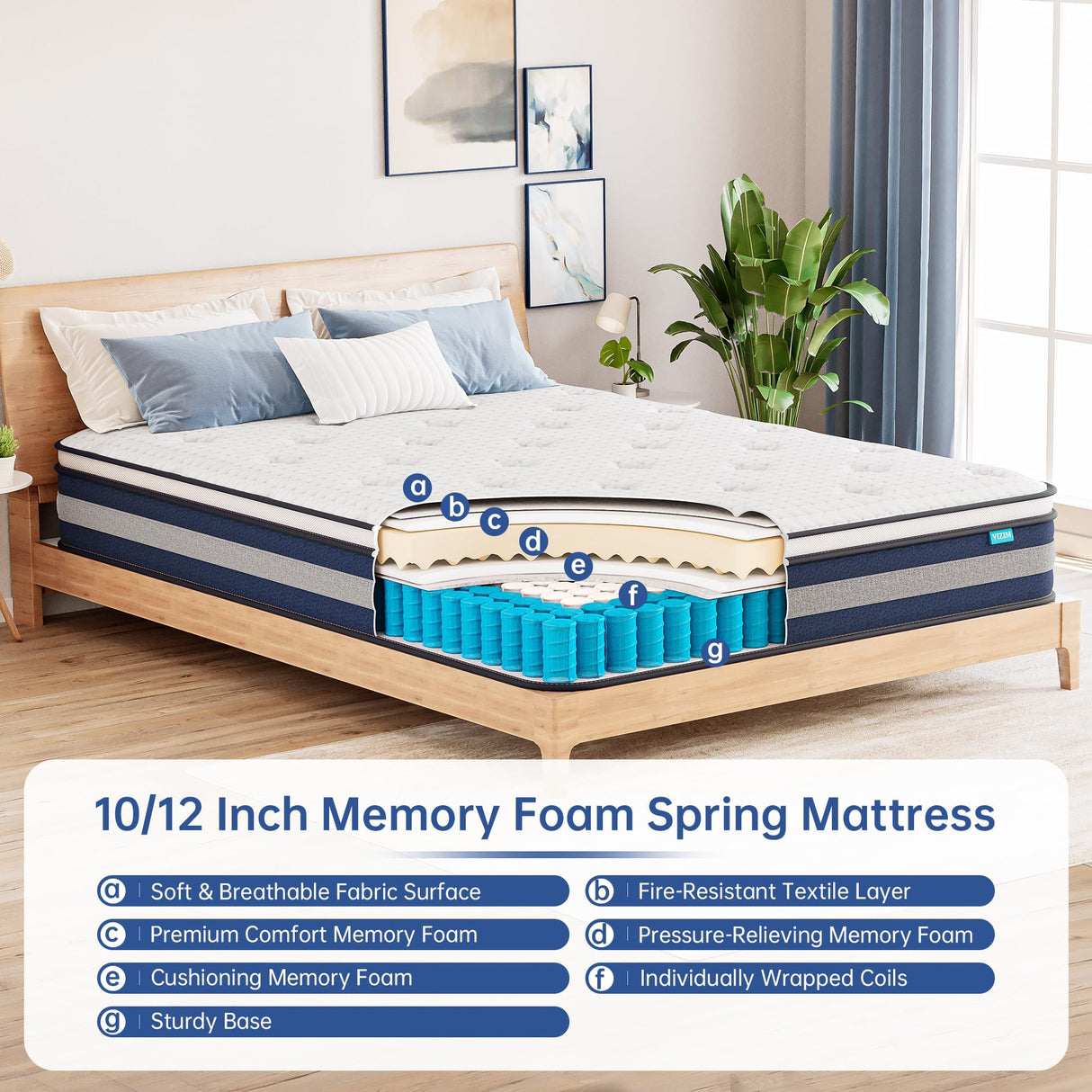 VIZIM Full Mattress, 12 Inch Hybrid Mattress with Individual Pocket Springs & Comfort Memory Foam, Full Size Bed for Pressure Relief & Targeted Support, Medium Firm VIZIM