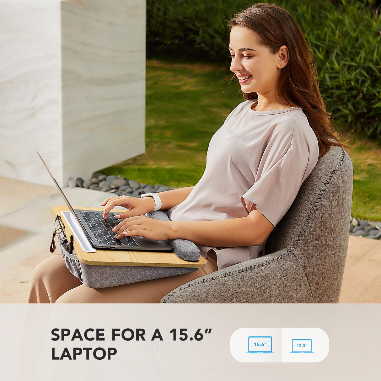 HUANUO Lap Laptop Desk - Portable Lap Desk with Pillow Cushion, Fits up to 15.6 inch Laptop, with Anti-Slip Strip & Storage Function for Home Office Students Use as Computer Laptop Stand - Light Wood HUANUO