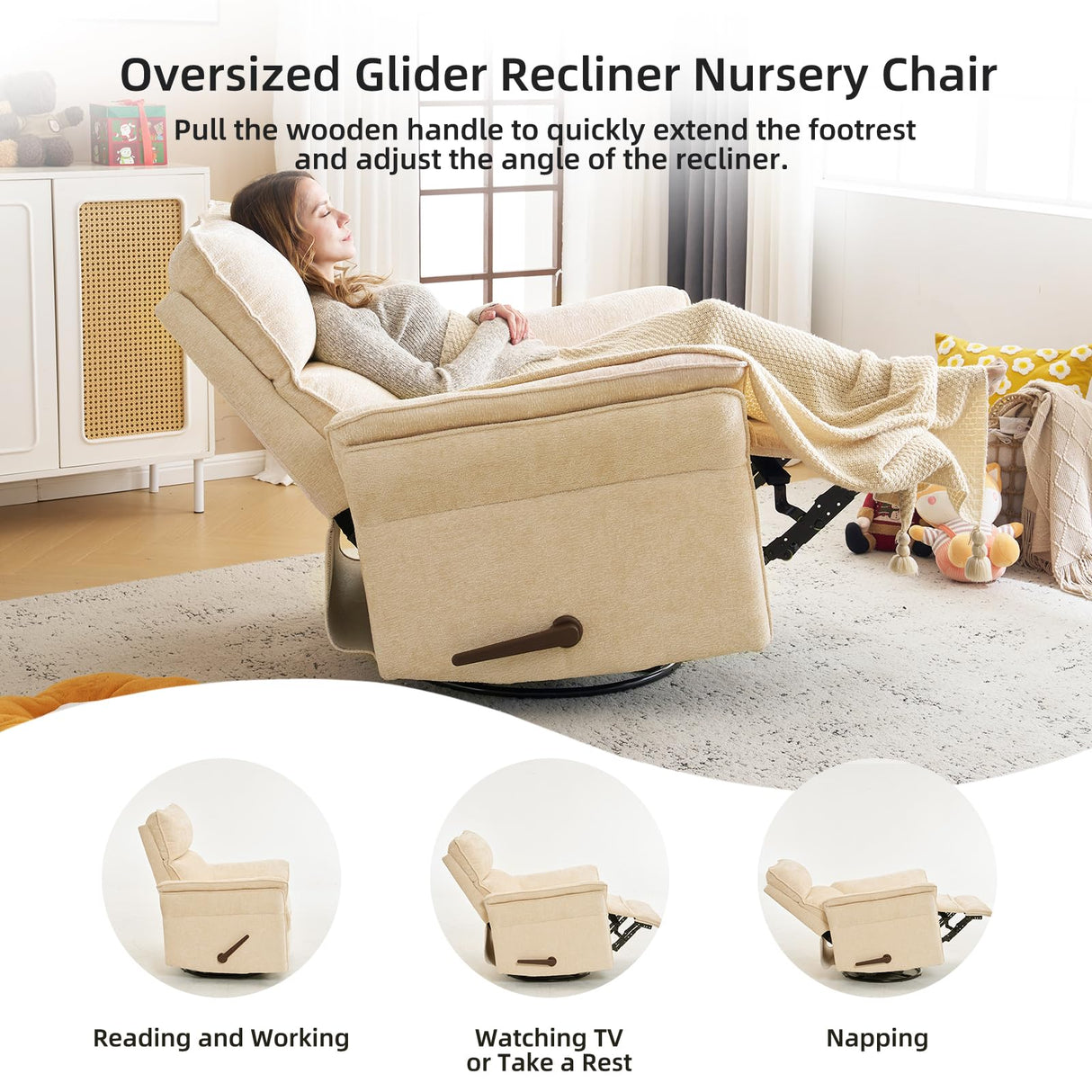 Rhevoy Oversized Recliner Chair, 26" Extra Wide 360° Swivel Rocker Recliner with Adjustable Headrest, Chenille Glider Rocking Nursery Chair with Overstuffed Armrest, Lumbar Support, Beige Rhevoy