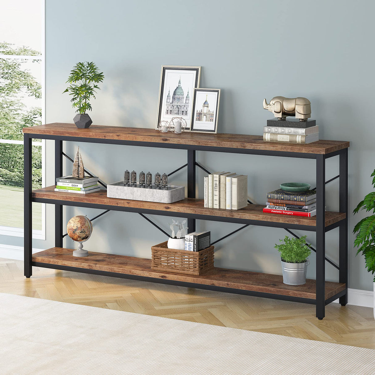 LITTLE TREE 70'' Narrow Long Sofa Console Table with 3-Tier Storage Shelf for Living Room, Rustic Brown LITTLE TREE