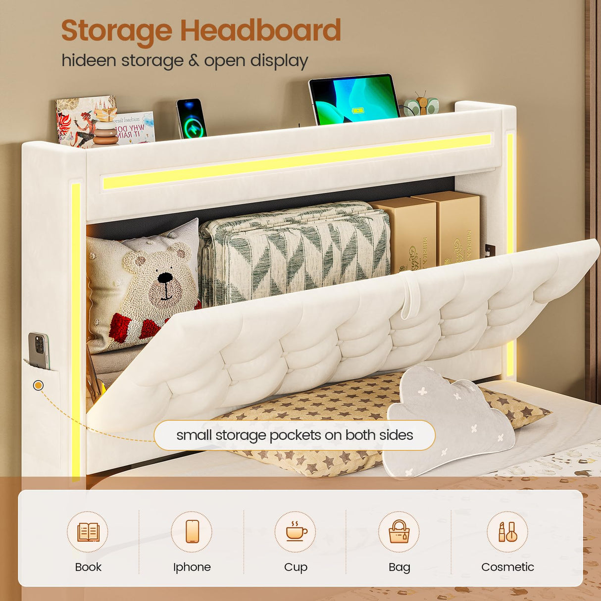 BTHFST Twin Upholstered LED Bed Frame with 3 Drawers, Velvet Hidden Storage Headboard with Charging Station, Button Tufted Headboard and Heavy Duty Metal Slats Support, No Box Spring Needed, Beige BTHFST