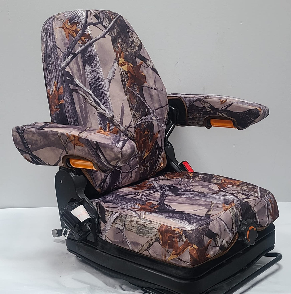 DSC Tractor Seats, Forklift/Tractor Replacement Suspension Seat with Built-in Headrest and Adjustable Armrest Customized in XD3 Camo Endura. TSKL10-XD3-C WoodArtSupply