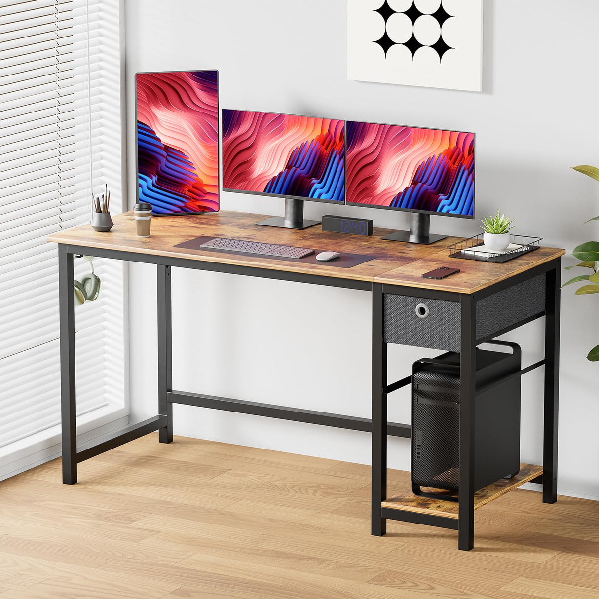 Sweetcrispy Small Computer Desk with Drawers 40 Inch Office Writing Work Kids Study 2-Tier Wood Corner Table with Storage Drawers Shelf for Bedroom Home Office - Rustic Brown Sweetcrispy