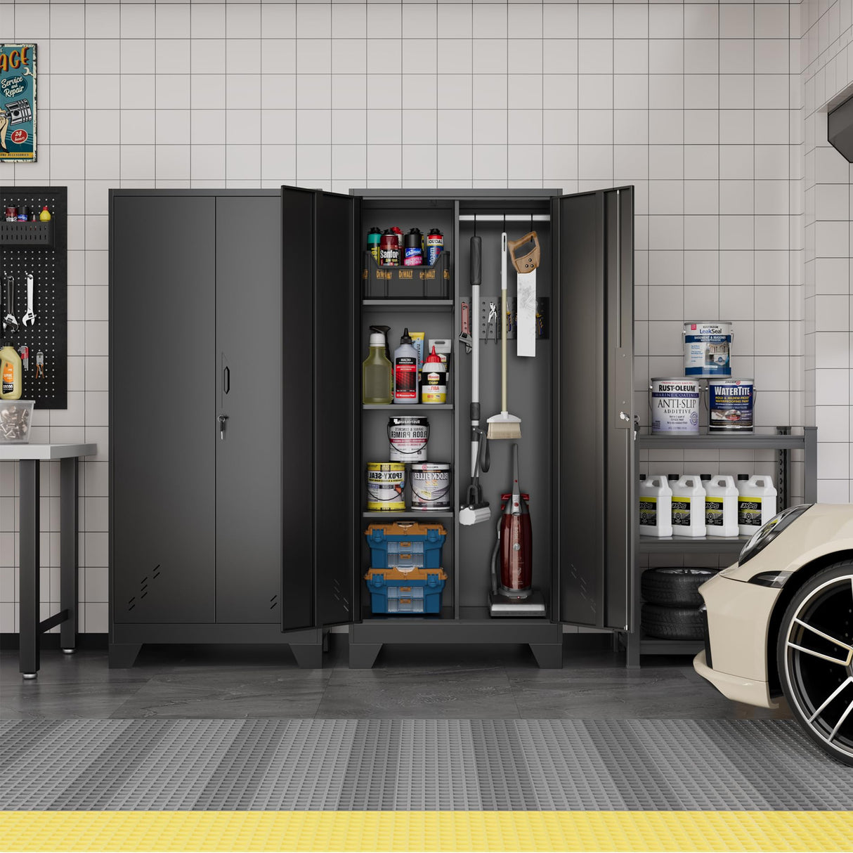 OSEILLC Metal Storage Cabinet with Locking Doors, 61" Tall Garage with Hanging Rod, Broom Closet, Freestanding Bathroom Storage Cabinet, Cleaning Tool,Black OSEILLC