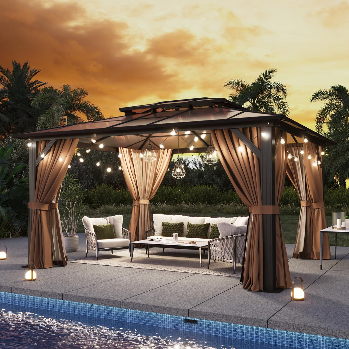 Aoxun 12'x10' Hardtop Gazebo, Aluminum Frame Permanent Pavilion with Curtains and Netting, Outdoor Polycarbonate Double Roof Canopy, Designed for Garden, Lawns, Patio, Brown Aoxun