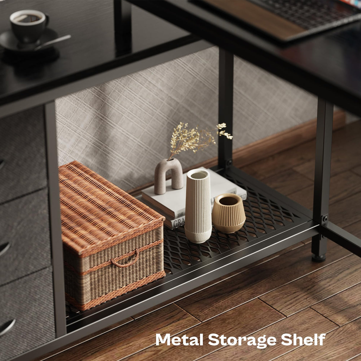 Huuger Reversible L-Shaped Gaming and Office Desk with LED Lighting, Power Outlets, and Drawers in Black Huuger