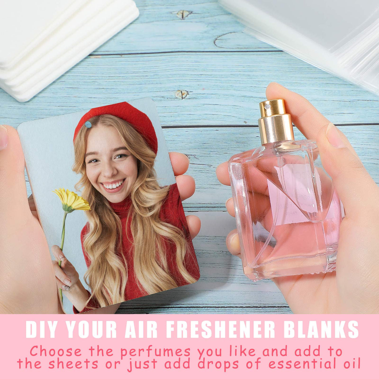 50 Pieces Sublimation Air Freshener Blank Sheets Car Scented Hanging Felt Air Freshener White Fragrant Sheets with 100 Pieces Bags and Elastic Rope for Interior Use and Decor Maitys